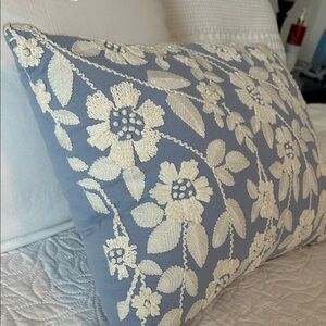 Embroidered Floral Decorative Pillow - Blue & Cream